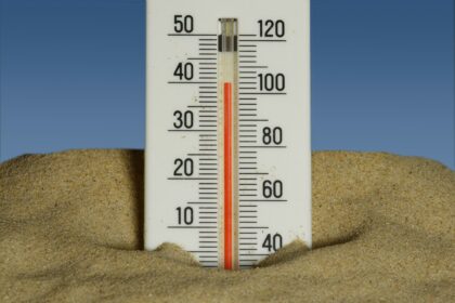 A thermometer in the sand with a blue sky in the background