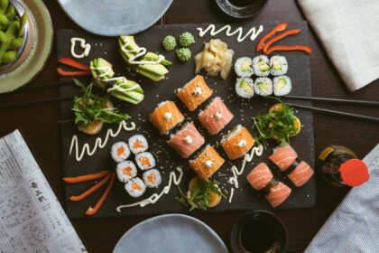 sushi on black ceramic plate